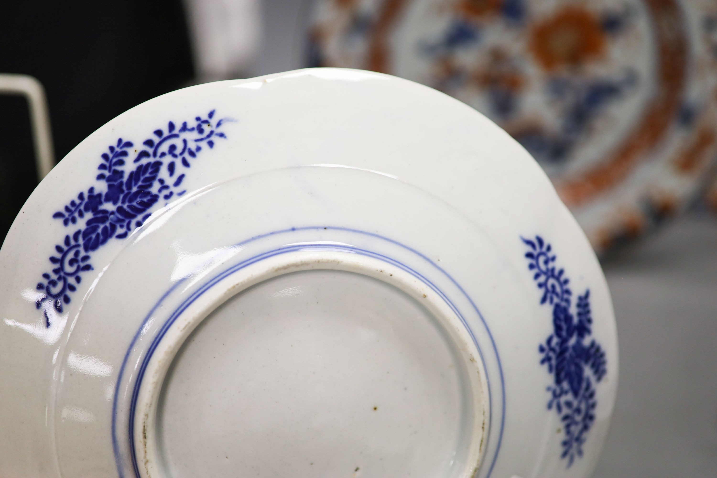 Three 18th century Chinese Imari plates and two 19th century Japanese Imari plates